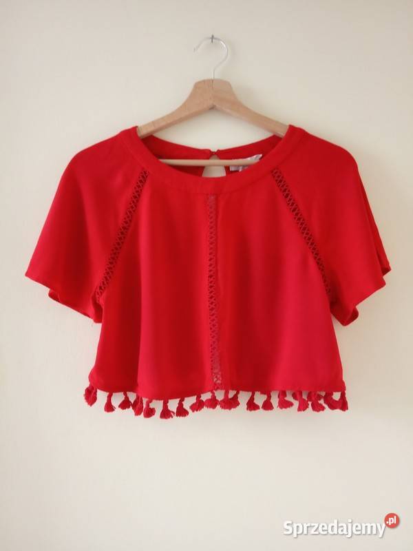 czerwony crop top z frędzelkami S lato Topy i koszulki Poznań