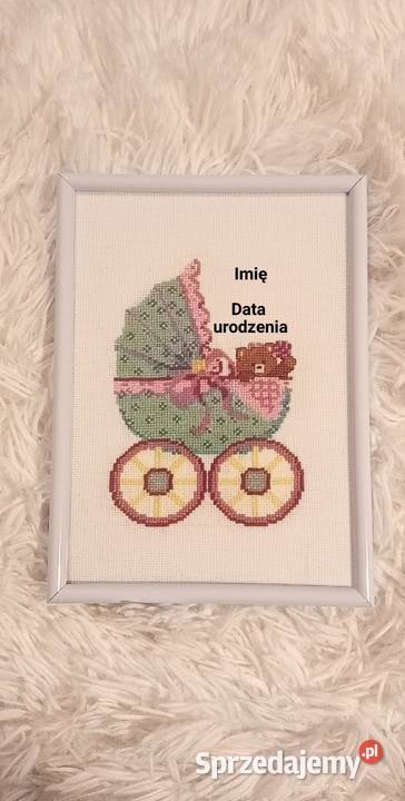 Haft krzyżykowy metryczka dziecka wózek i miś warmińsko-mazurskie Olsztyn