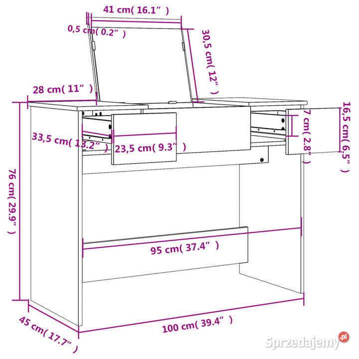 Toaletka z lustrem szary dąb sonoma 100x45x76