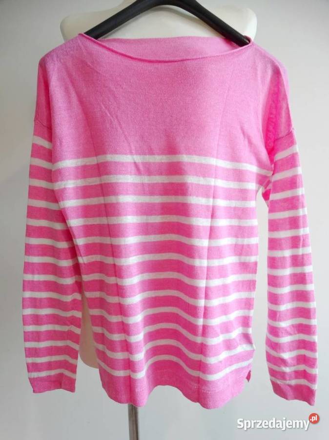 Sweter Lniany 100 Len Modne Paski Różowy Bluzka Wkładane przez głowę  Łomża
