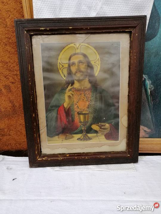 Stary obraz religijny J Ch Piękny antyk Pleszew