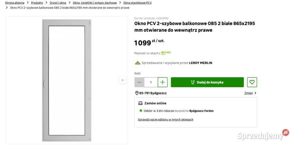 Ogłoszenie o Sprzedaży Okna Balkonowego PCV Solec Kujawski