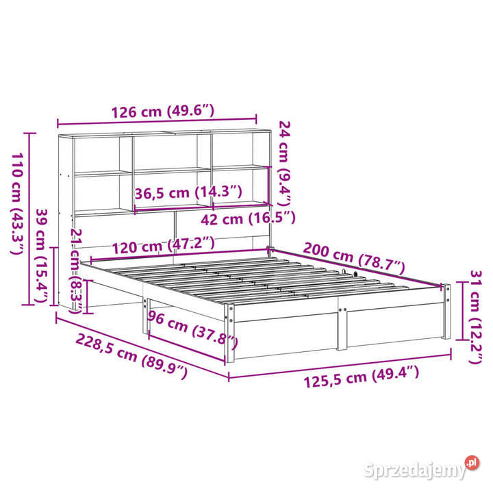 Łóżko z regałem bez materaca białe sosnowe 126cm