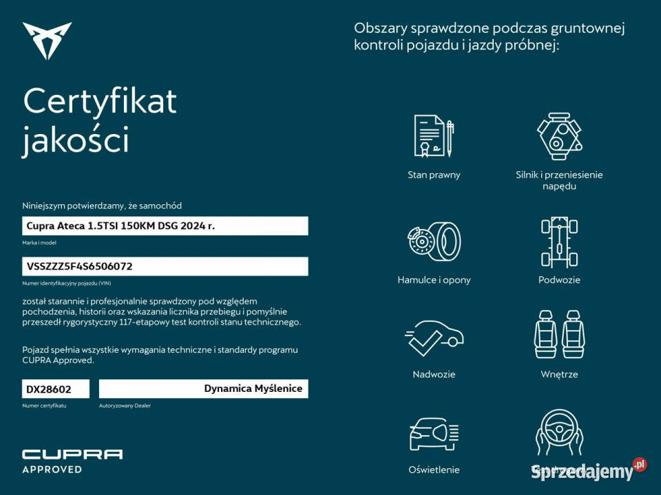 Cupra Ateca VAT 23 15TSI 150 DSG 2024 r salon przyciemniane szyby Myślenice