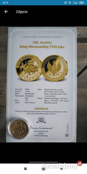 Moneta medal Bitwa warszawska certyfikat Bolesławiec