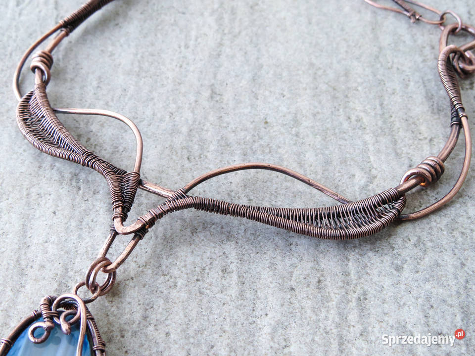 Unikatowa miedziana kolia niebieski agat Kraków