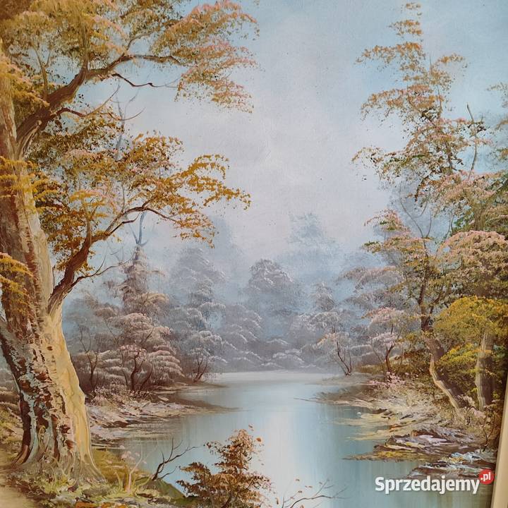 Obraz pejzaż ręcznie malowany w ramie sygnowany małopolskie Wola Łużańska