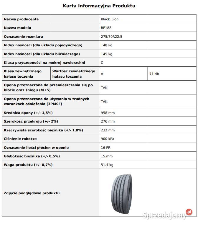 Opony Prowadzące 27570 R225 BlackLion BF188 Nowa 275 Ciężarowe Ciężarowe