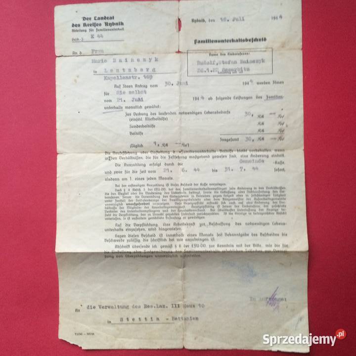 1251 Niemieckie Świadectwo Utrzymania Rodziny zachodniopomorskie Szczecin
