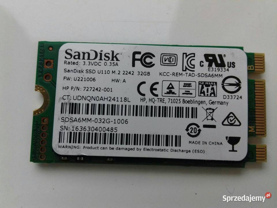Dysk SSD 32GB M2 SATA SanDisk U110 2242 33V 035A Pojemność < 80 Bydgoszcz sprzedam
