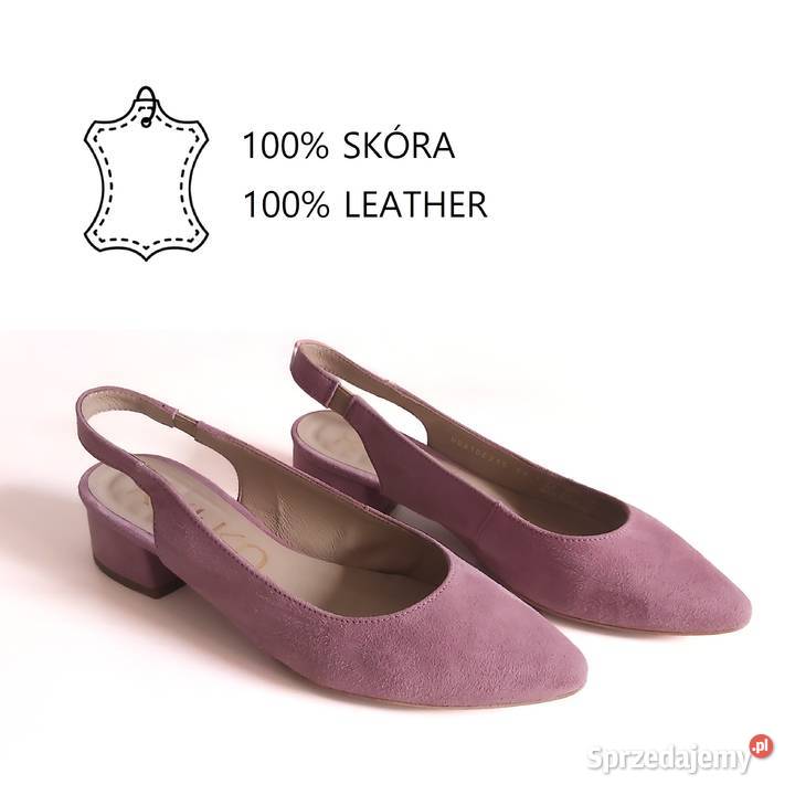 Skórzane czółenka z odkrytą piętą na szerokim 25cm Kraków