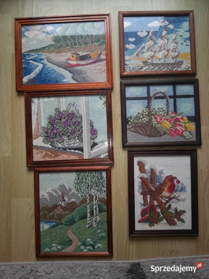 Zestaw 6 obrazków haft krzyżykowy oprawione małopolskie Tarnów