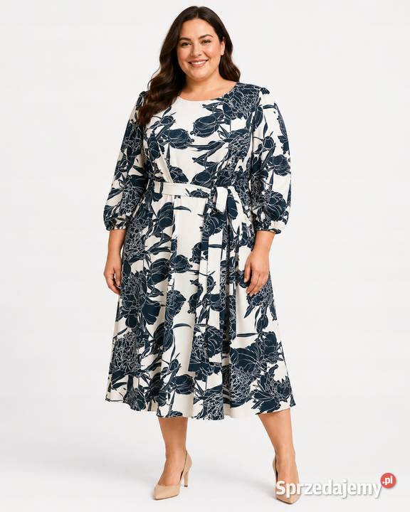 Sukienka plus size biała granatowe kwiaty pasek Pątnów