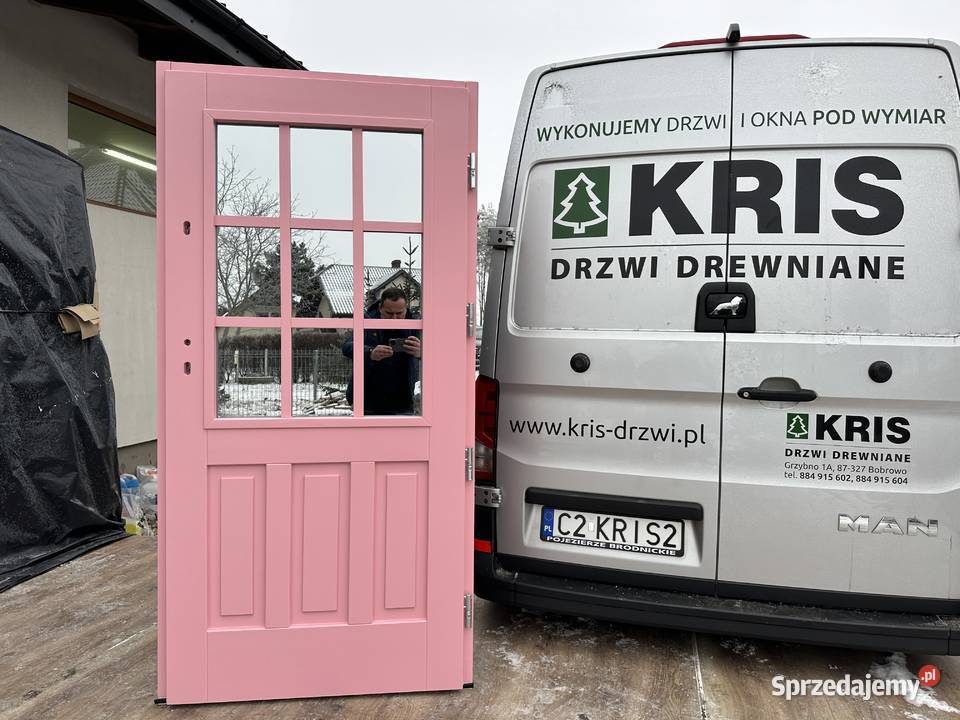 Drzwi zewnętrzne drewniane z klamką schlage NA Grzybno