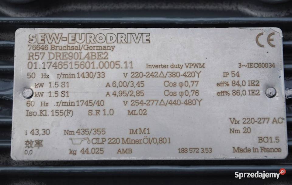 Motoreduktor 15kw 33obrmin z hamulcem Firmy SEW lubuskie Kargowa
