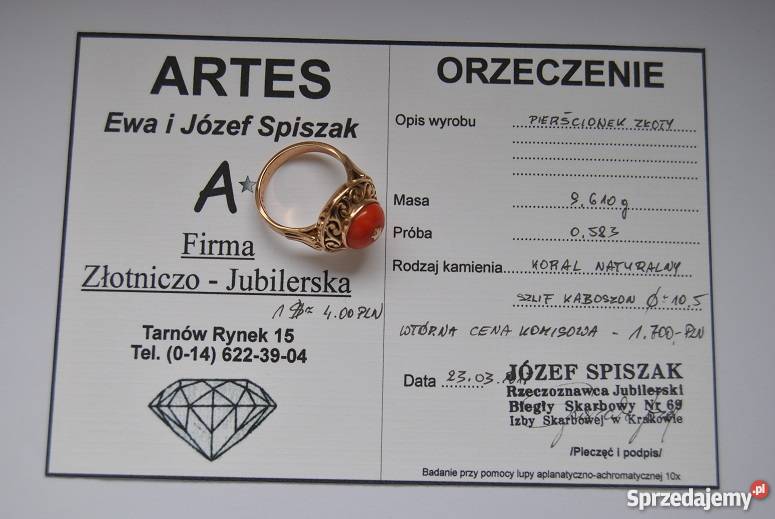 OKAZJASprzedam złoty pierścionek z koralem małopolskie Tarnów