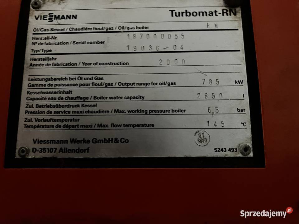 Kocioł Viessman typ Turbomat RNHW 785 kW 2000