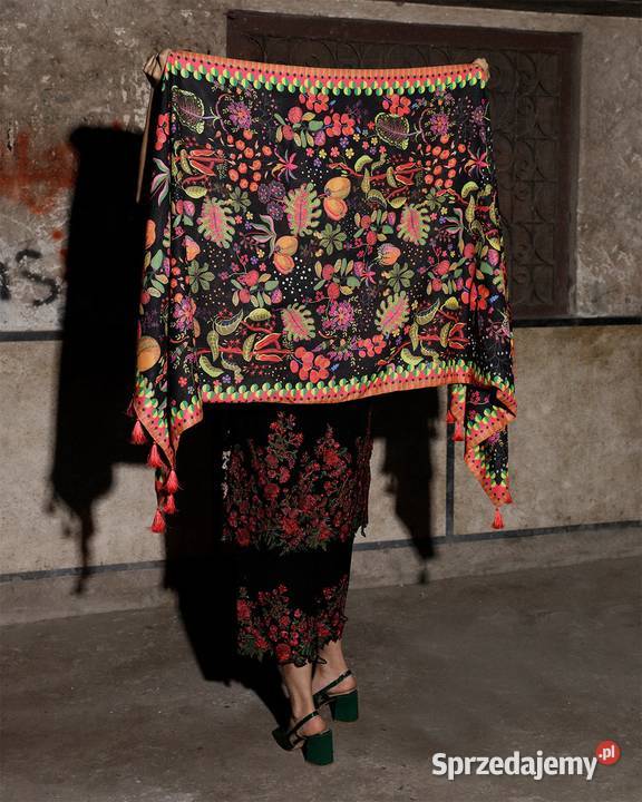Duży szal pashmina chusta czarny kolorowy wzór Szczecin