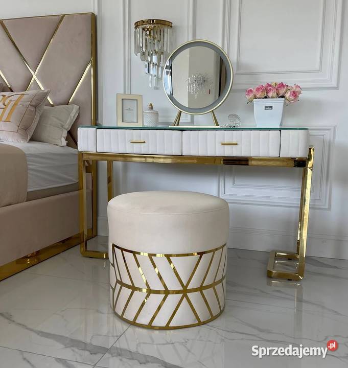 Pufa okrągła glamour beżowa złota do sypialni 48cm mazowieckie Warszawa