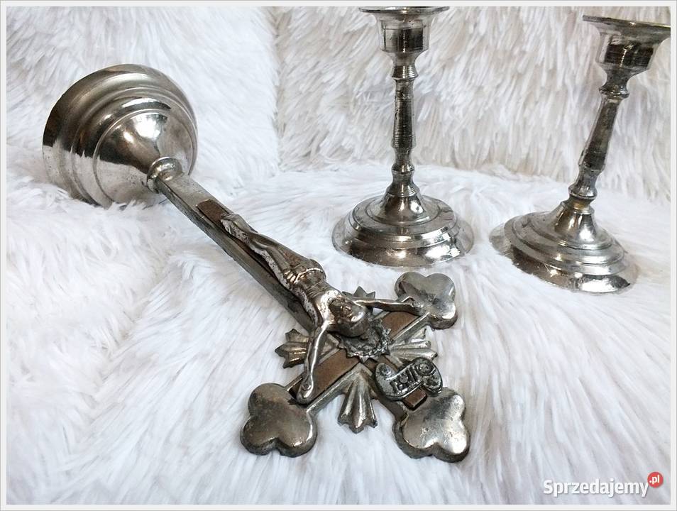Oryginalny stary metalowy krzyż i dwa świeczniki Żary