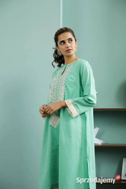 Nowa zielona tunika indyjska S 36 kameez kurta szary/srebrny