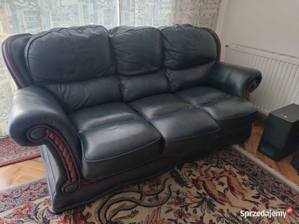 Zestaw wypoczynkowy prawdziwa skóra pełne drewno dolnośląskie Dzierżoniów