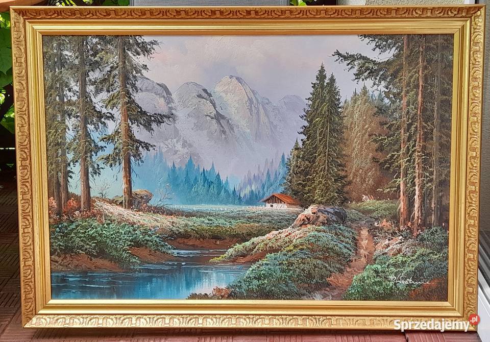 Alpejski pejzaż obraz olejny złota ornamentowa Iłża