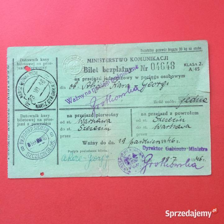 2039 Bilet Bezpłatny Ministerstwa Komunikacji zachodniopomorskie Szczecin