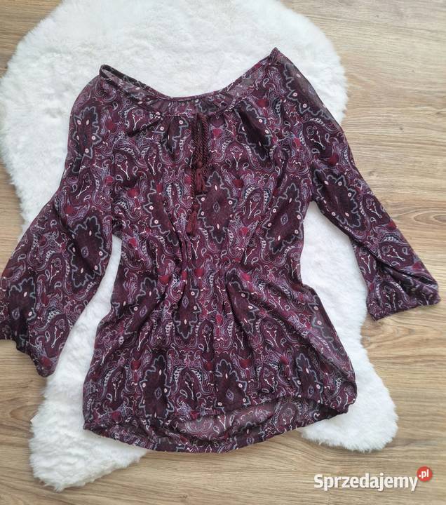 Transparentna lekka burgundowa bluzka 38 etno