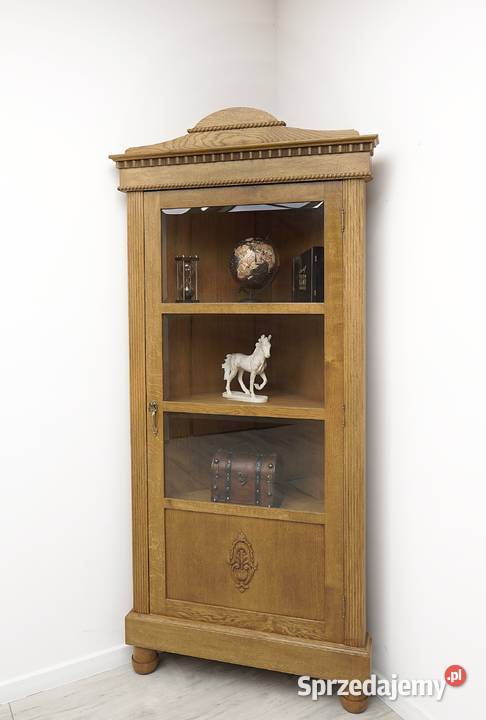 Antyczna narożna witryna z litego dębu renowacji