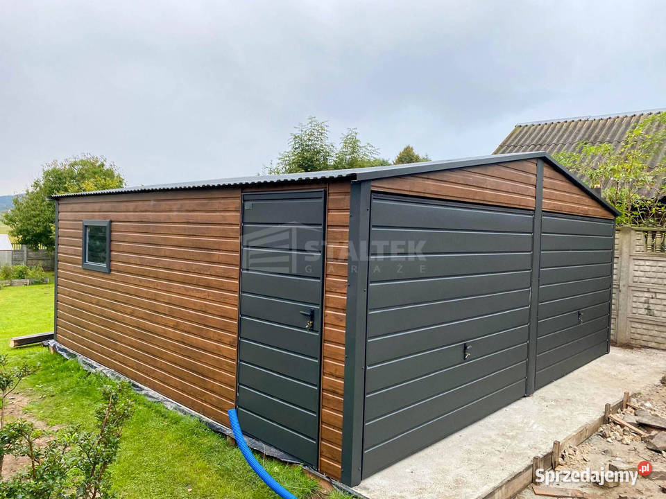 Garaz blaszany 6x58 2x brama uchylna drzwi okno Przasnysz