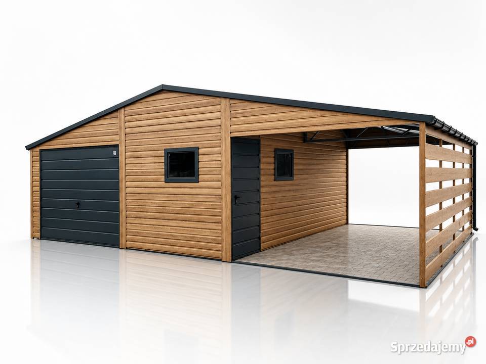 Garaż blaszany dwuspadowy 5x6 z wiatą 4m Winchester Grafit MAT