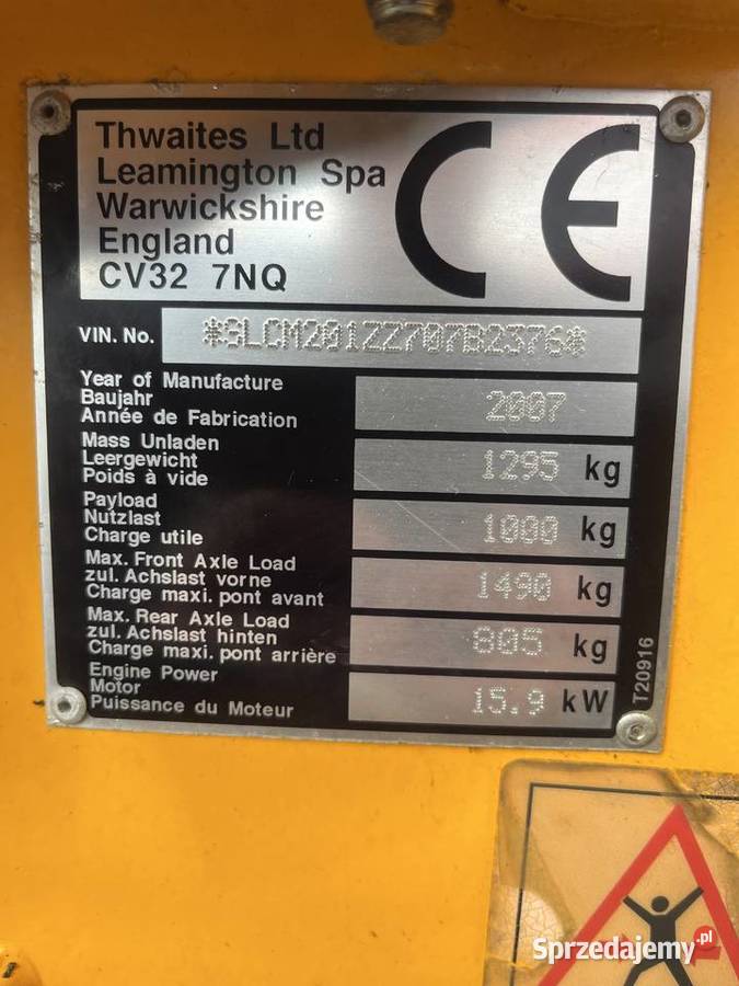 Wozidło budowalne Thwaites 1Tonne podwyższony Rok produkcji 2007 małopolskie Nowy Sącz