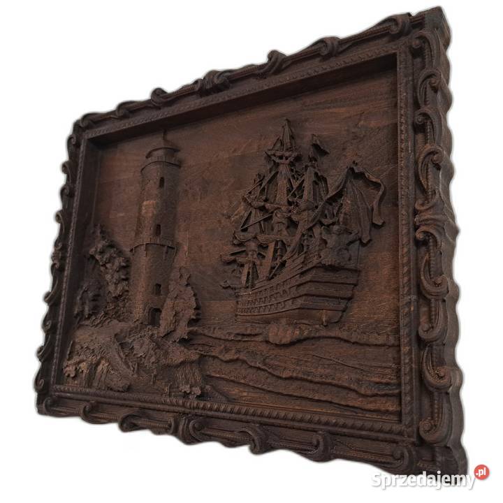 Rzeźba Latarnia i statek klasyczna płaskorzeźba Malechowo