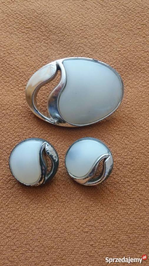 Komplet broszka i klipsy białe ze srebrnym Łódź