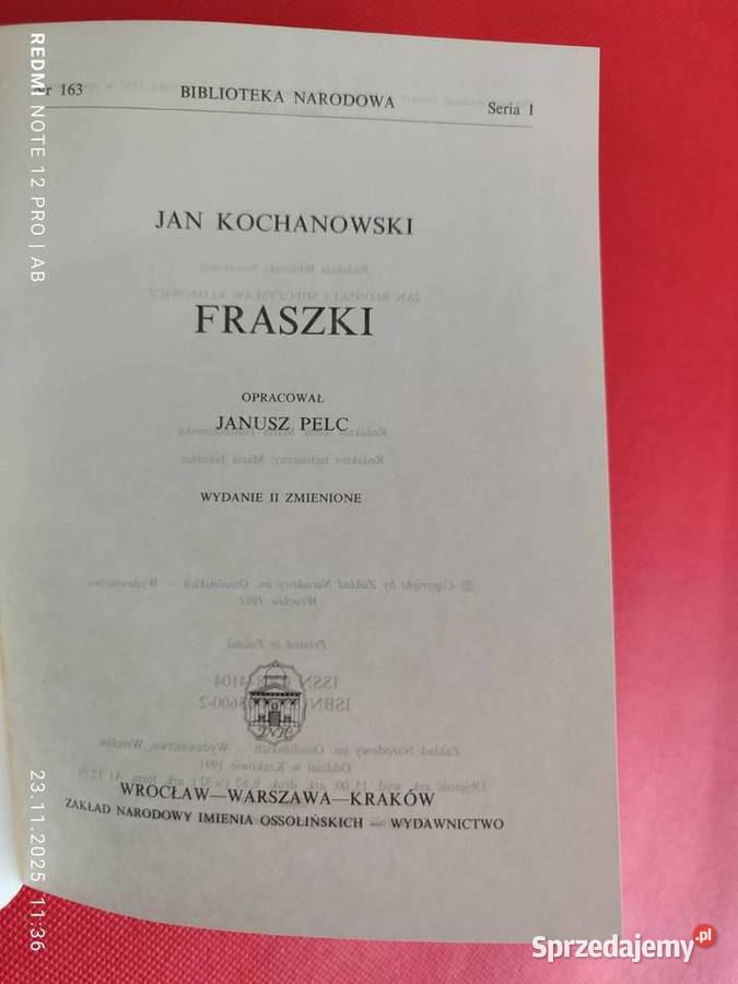 J Kochanowski Fraszki Biblioteka Narodowa BN ISBN 8304036002 Katowice