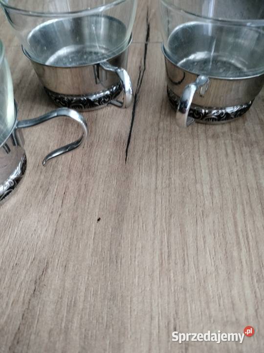 Trzy filiżanki z metalowymi uchwytami zestaw Porcelana i szkło Choszczno