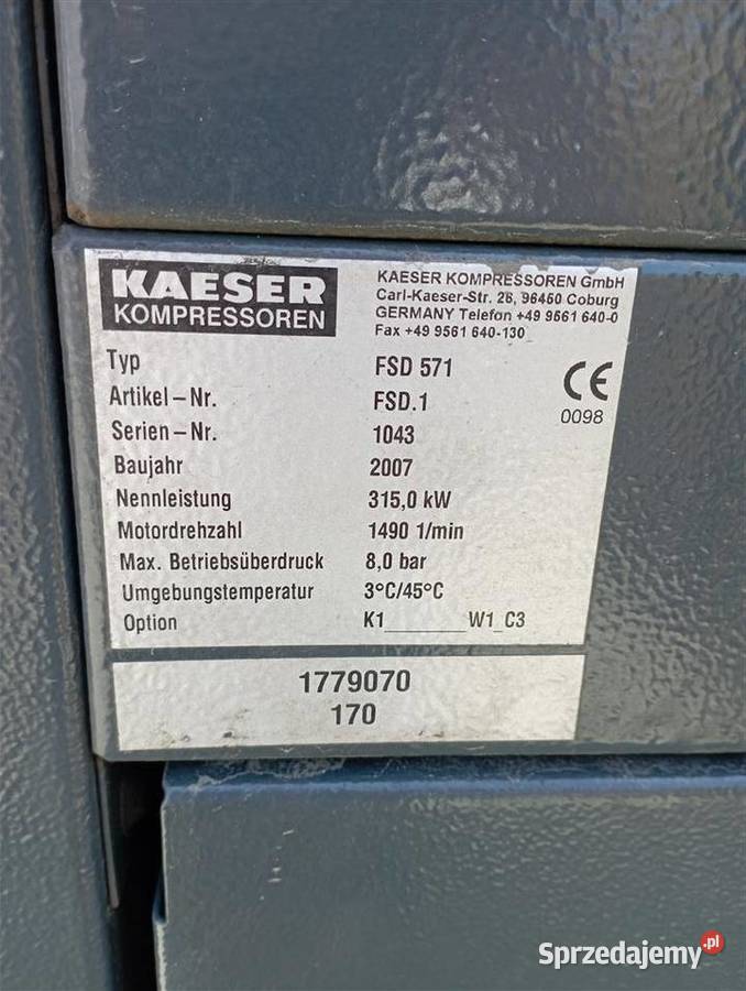 Sprężarka śrubowa KAESER FSD571 315kW Kompresory Wilków