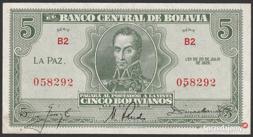 BOLIWIA 5 bolivianos 1928 Stan bankowy UNC łódzkie