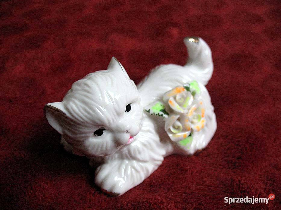 Kot kotek złocony porcelana 5 x 9 x 5 Rękodzieło biały Figurki i rzeźby sprzedam