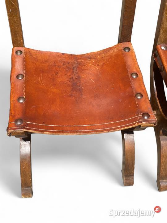 Zestaw 3 dębowych krzeseł vintage skóra zachodniopomorskie Gryfice