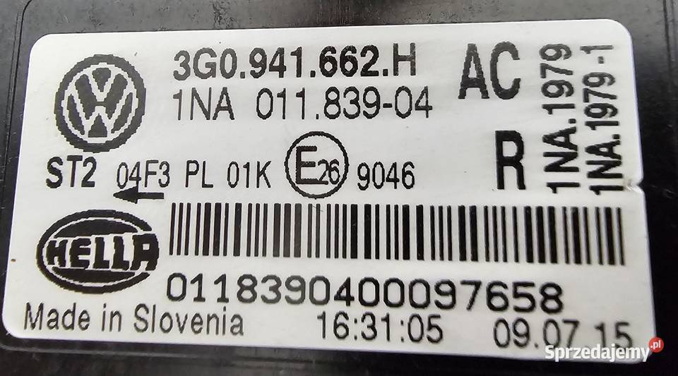 VW PASSAT B8 3G0 HALOGEN PRAWY 3G0941662 H Wschowa