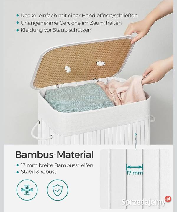 SONGMICS Kosz na pranie 72L z pokrywką bambusowy