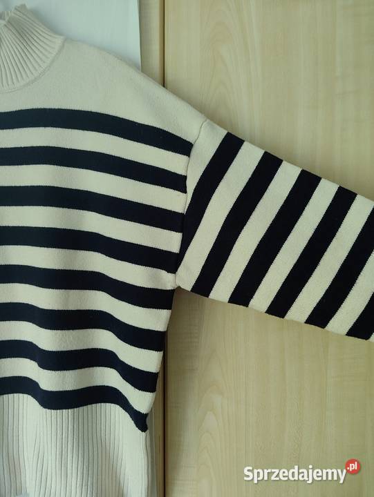 Sweter kremowy w paski oversize Zara biały Ruciane-Nida