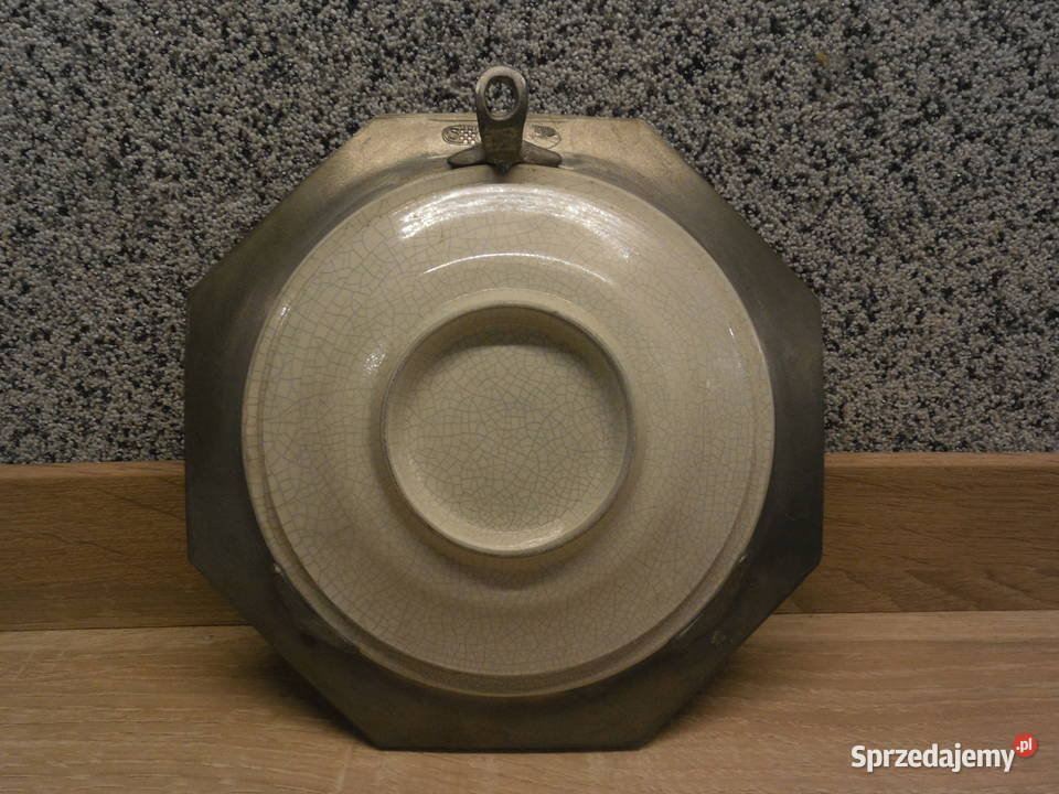 Ceramiczny talerz w oprawie cynowej wielkopolskie Raszków