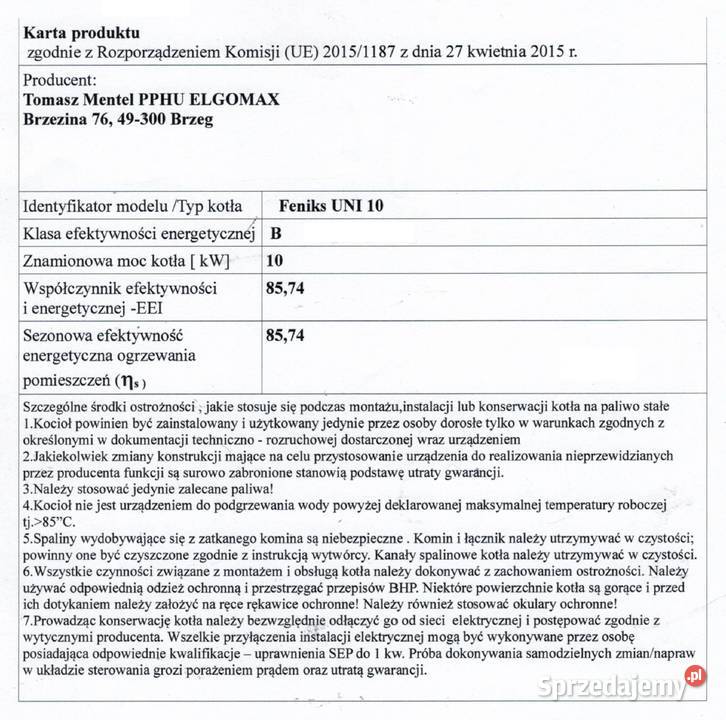 Kocioł węglowy FENIKS UNI 5 Klasa bez podajnika drewno Gliwice sprzedam