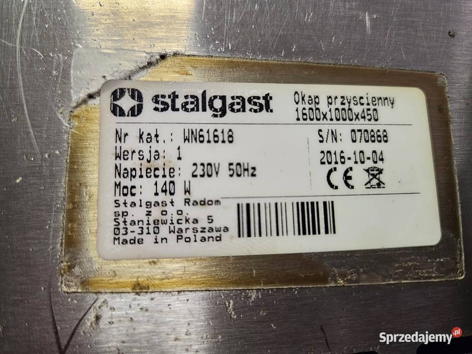 Okap nierdzewny przyścienny 160x100x45 FILTRY Pszczyna