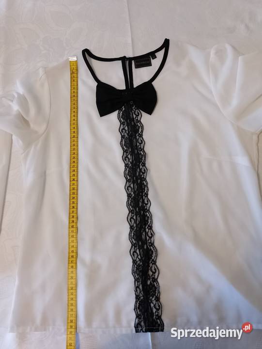Biała BLUZKA z czarną koronką i kokardą długie Oborniki