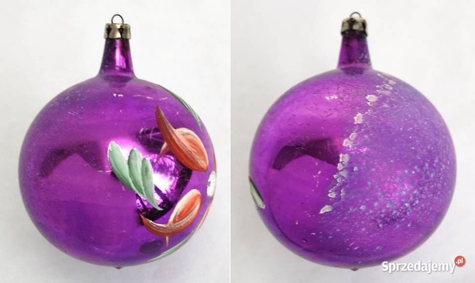 Stara bombka szklana ręcznie malowana fioletowa wielokolorowy