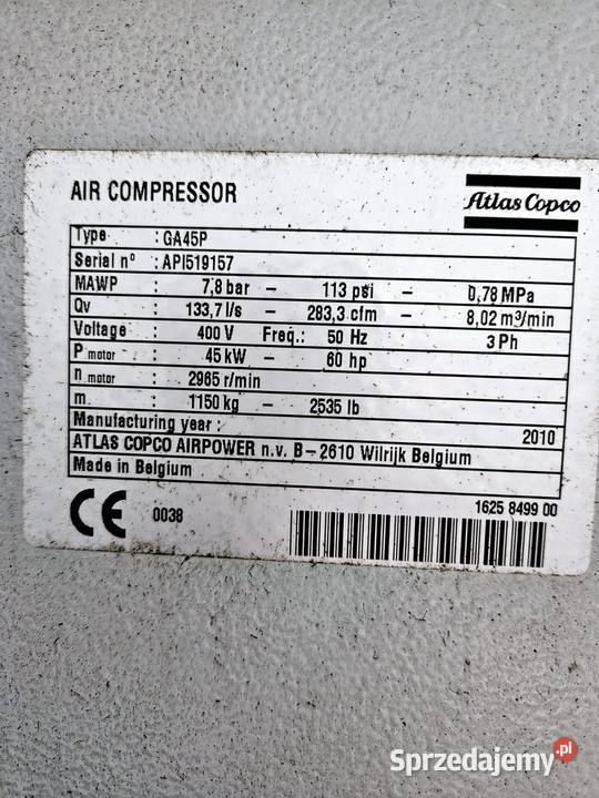 Sprężarkakompresor Atlas Copco GA45P Krotoszyn sprzedam